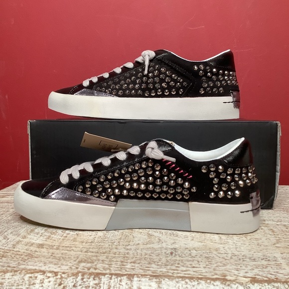SHU SHOP NWT Sz 8 Ruby Studded Black Tie Sneakers Round Toes White Rubber Soles - Picture 8 of 13